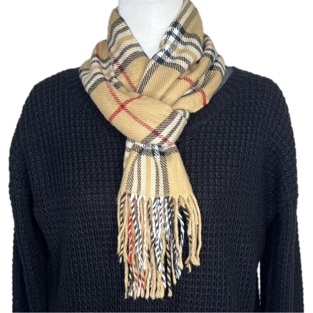 Cozy Plaid Scarf V. Fraas Fall Winter Classic Camel Check Tan Red Black White OS